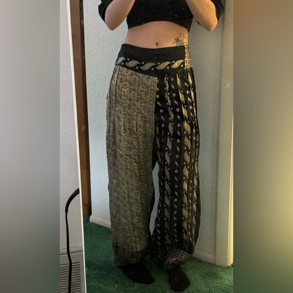 Vintage Harem Handmade One Of A Kind Boho Festival Yoga Pants Gold Black